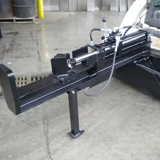 Close-up view of the powerful 4" bore, 24" stroke cylinder on the skid steer log splitter. Blue Diamond Blue Diamond