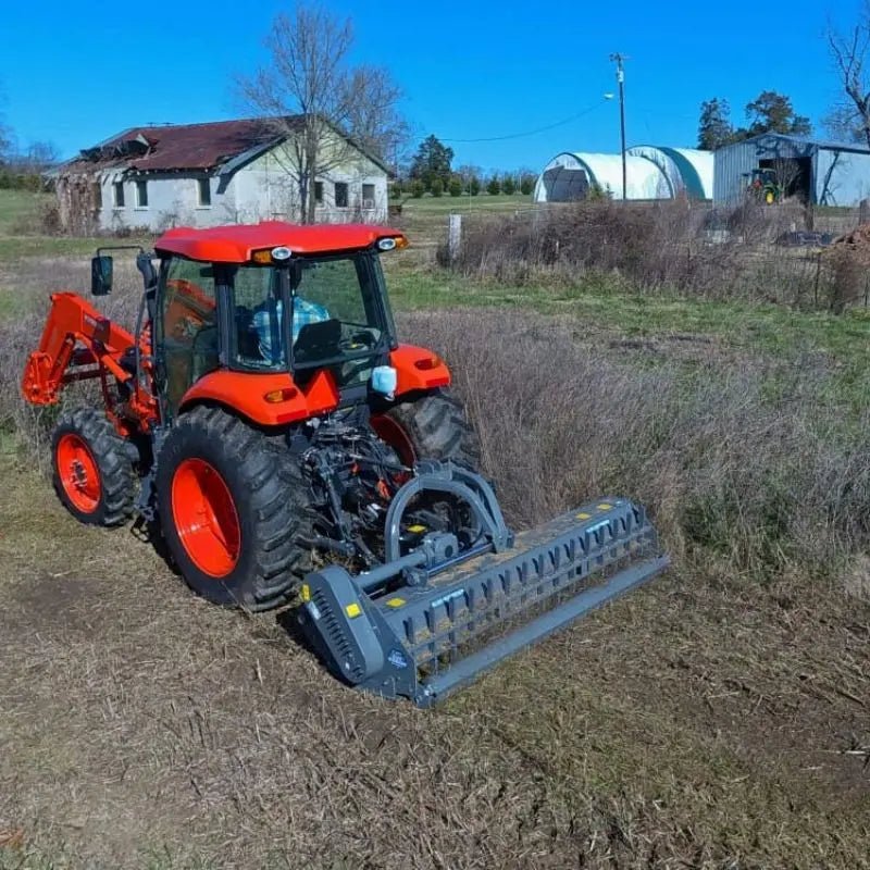 Close-up of the innovative hydraulic side shift and rear anti-scalp roller on Blue Diamond®'s Flail Mower, showcasing its advanced features for efficient and reliable mowing.