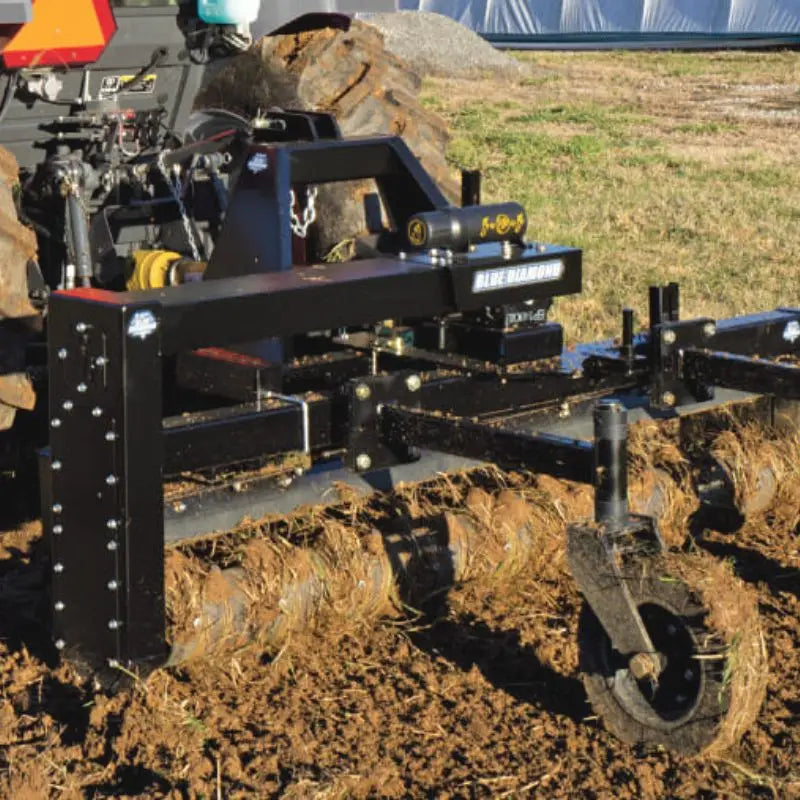 Detailed view of Blue Diamond®'s Severe Duty Power Rake, showcasing its robust 4" x 4" square tube frame and innovative design for durability and versatility.