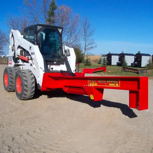 Close-up of the robust construction of TM Heavy-Duty Log Splitter Attachment for skid steer, showcasing durability.