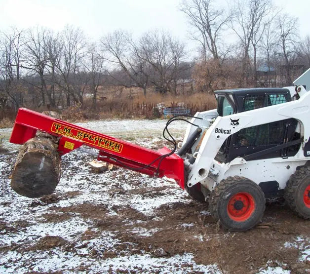 TM Pro Skid Steer Log Splitter featuring the optional 5" cylinder, delivering a remarkable 30 to 35 tons of pressure.